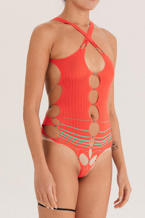 RUI Striped Bodysuit RSS22SF07 Blaze&Seafoam, Orange/Emerald Stripes